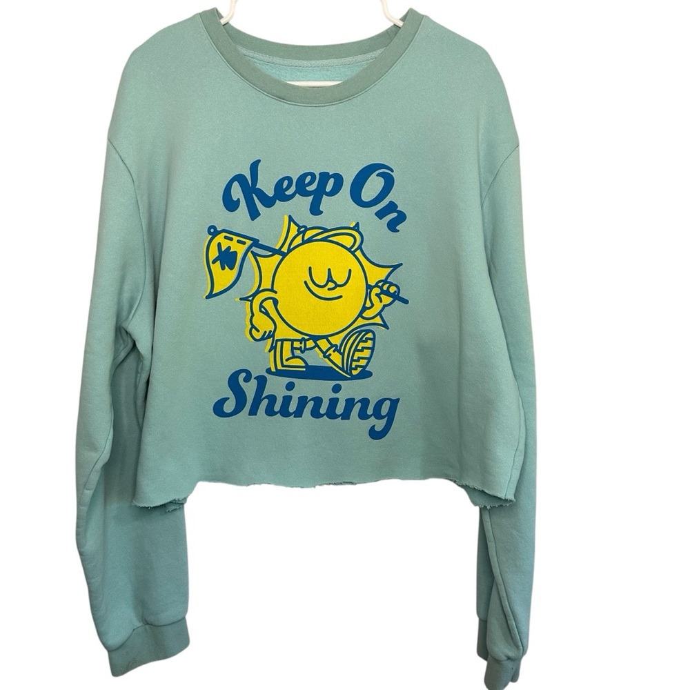 Dutch Bros LARGE Light Blue Cropped “Keep On Shining” Yellow Sunshine DB 1992